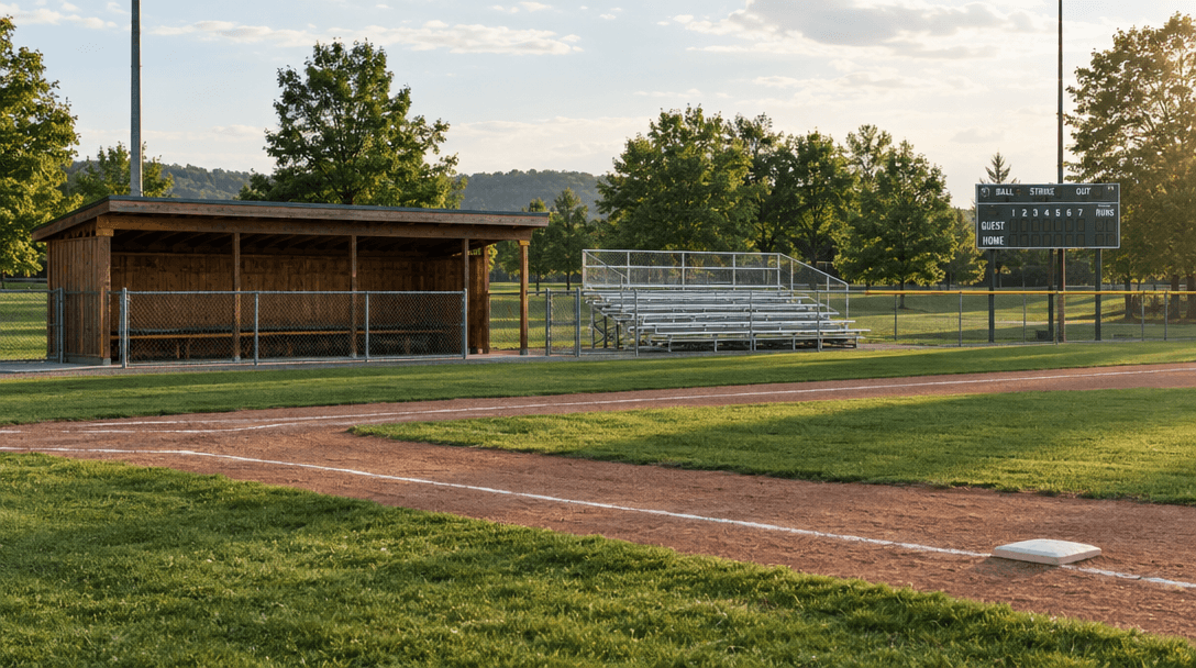 A community baseball field with a timber dugout, bleachers, and a scoreboard.